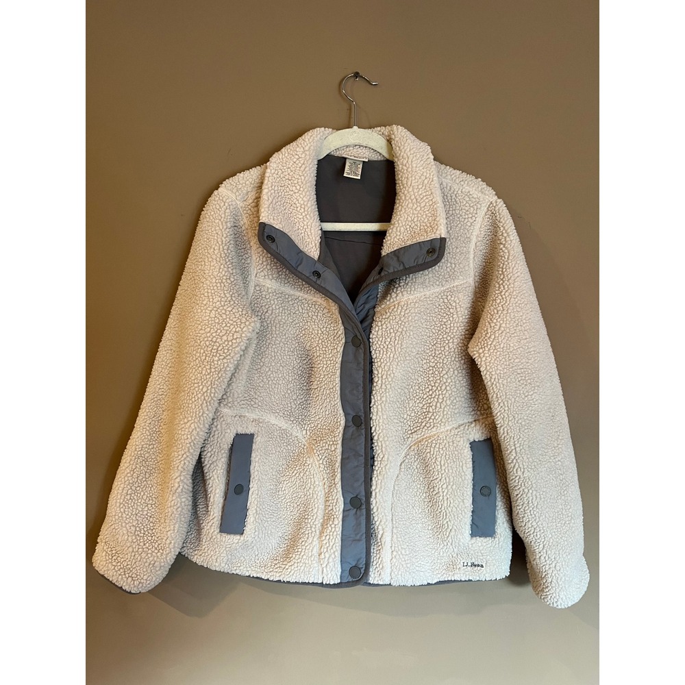 LL Bean Mountain Pile Fleece Jacket Cream Gray Sherpa Snap Front 515832 Womens L